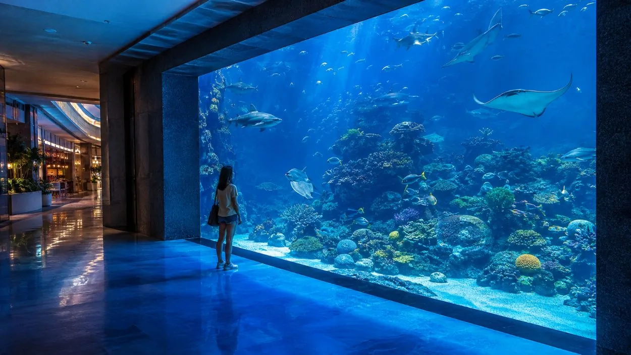 A visitor at a large aquarium window with sharks and rays