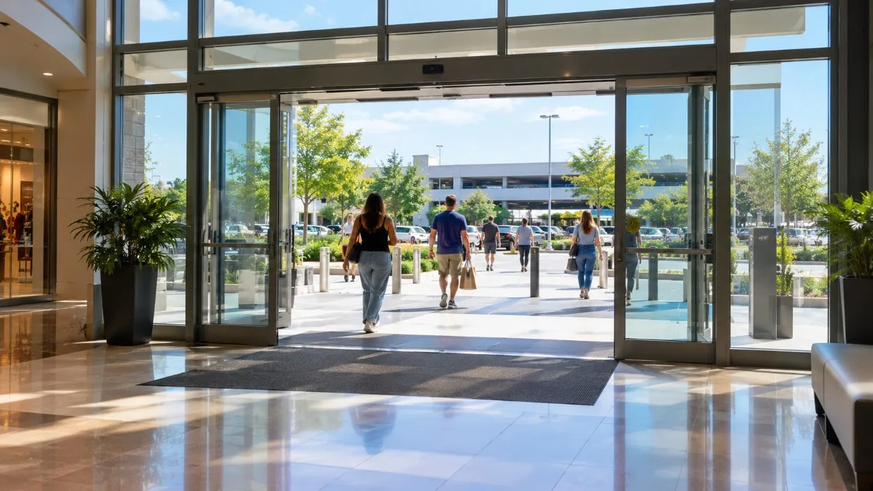 Open glass entrance doors of a mall with no ticket booth