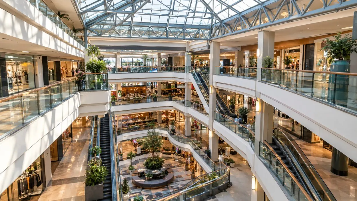 Skylight trusses, balconies and escalators of a vast mall atrium seen from above