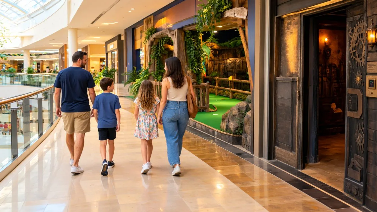 A family walking a mall's upper level past attraction entrances