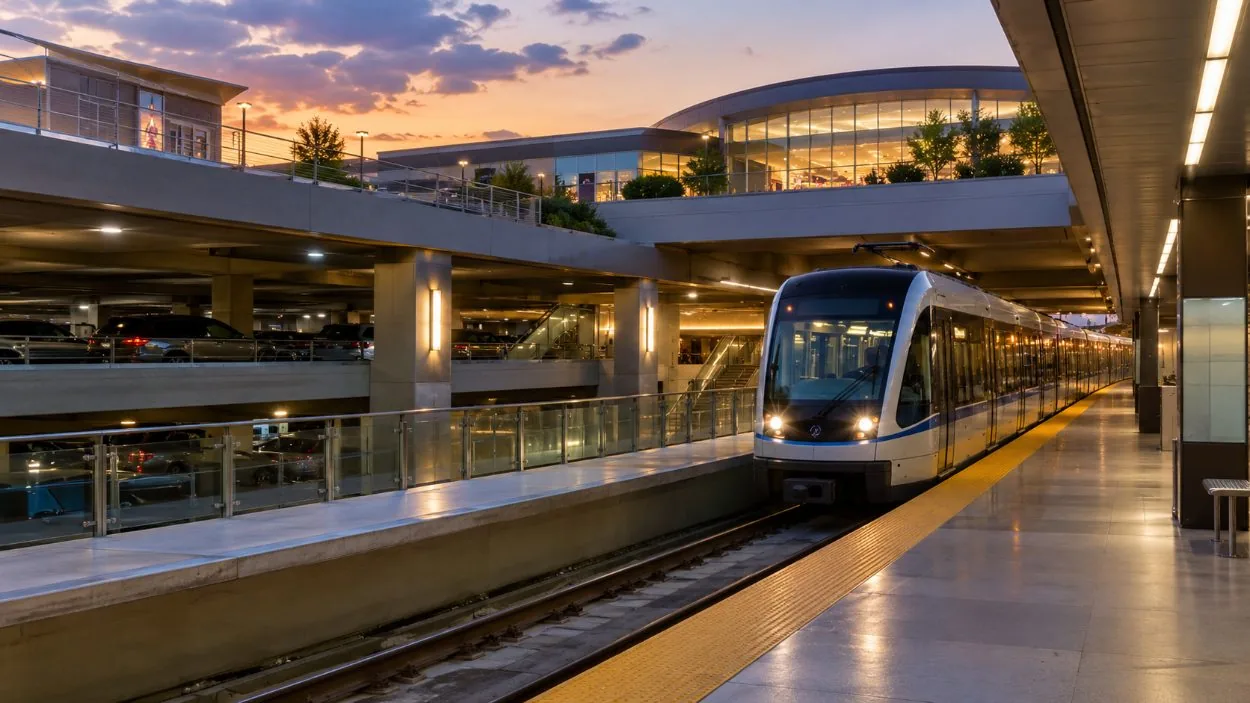 A light-rail train at a station built into a parking ramp beside the mall