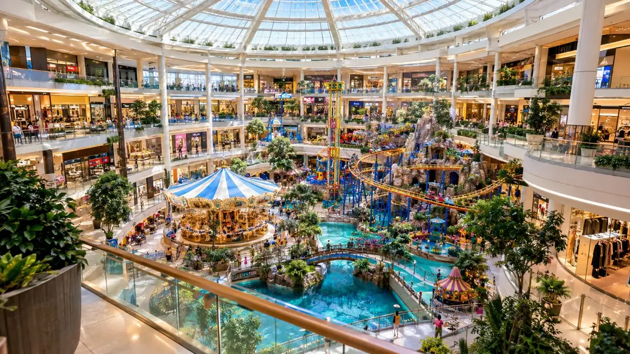 A wide view over a mall atrium with the theme park at the centre and several levels of shops
