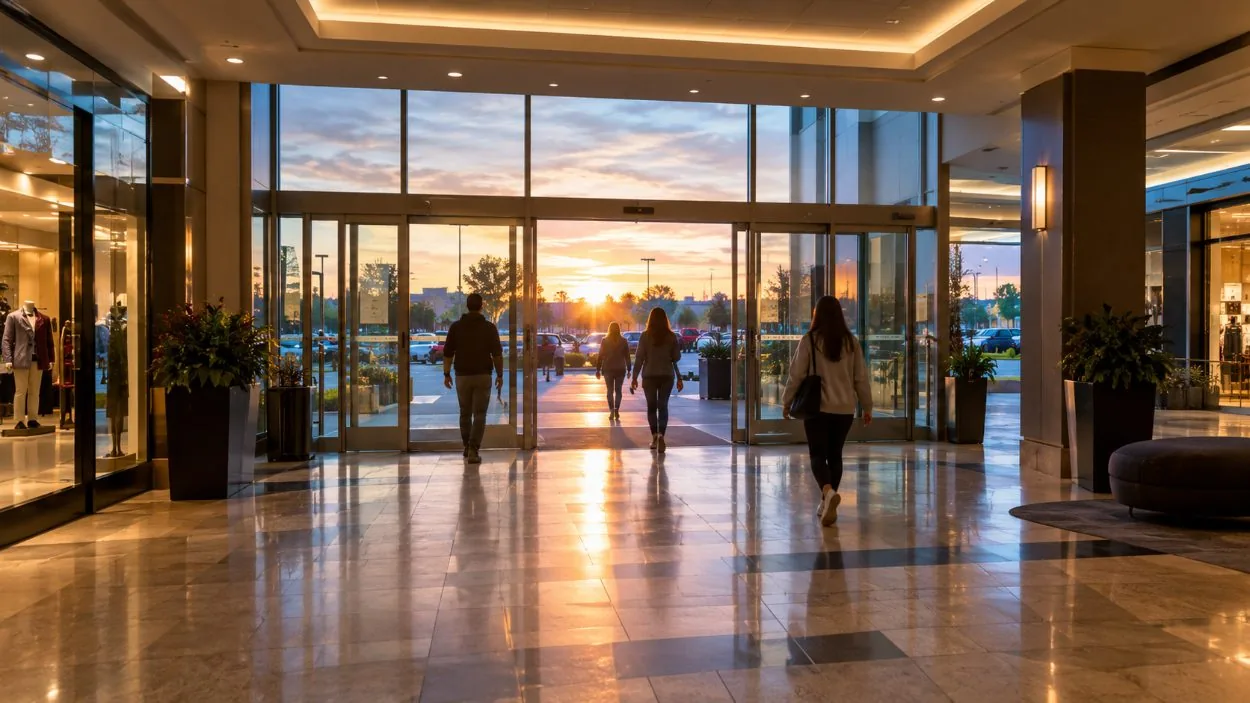 The mall's front doors at dawn as the first walkers arrive