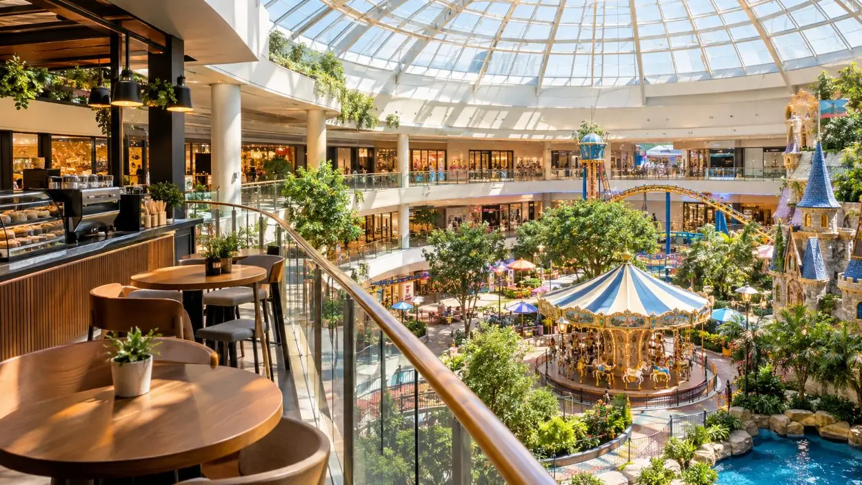 Morning light in a mall atrium with the theme park below and a coffee counter on the balcony
