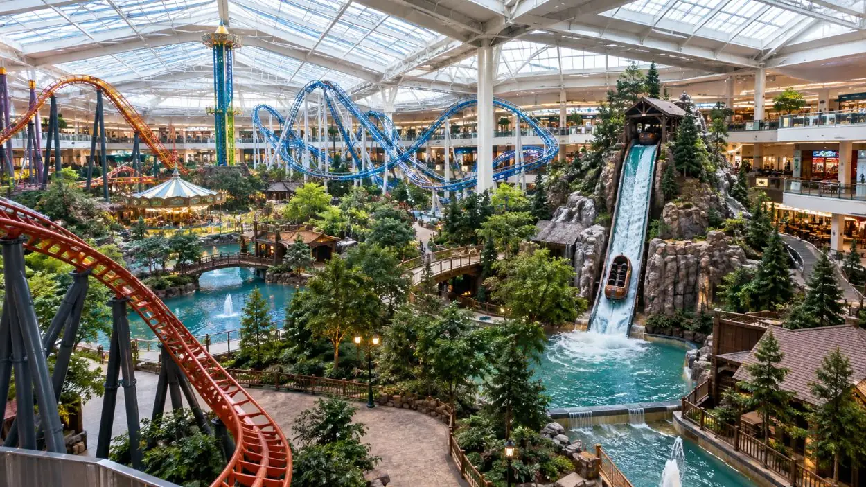 Roller coasters, a log flume and trees under the skylights of an indoor theme park