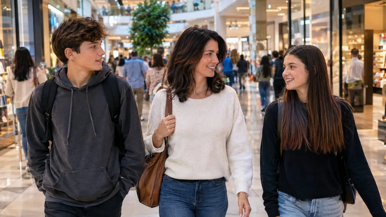 A parent and two teenagers walking together through a mall concourse