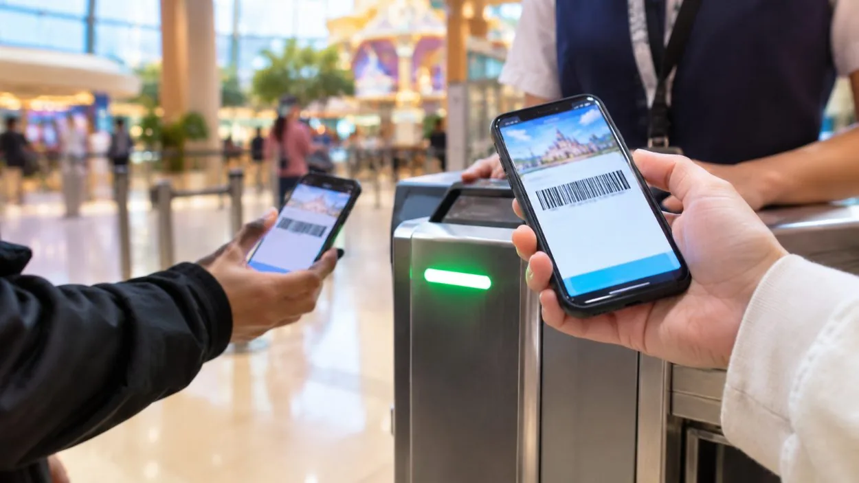 Visitors holding phones with e-voucher barcodes at an attraction entrance