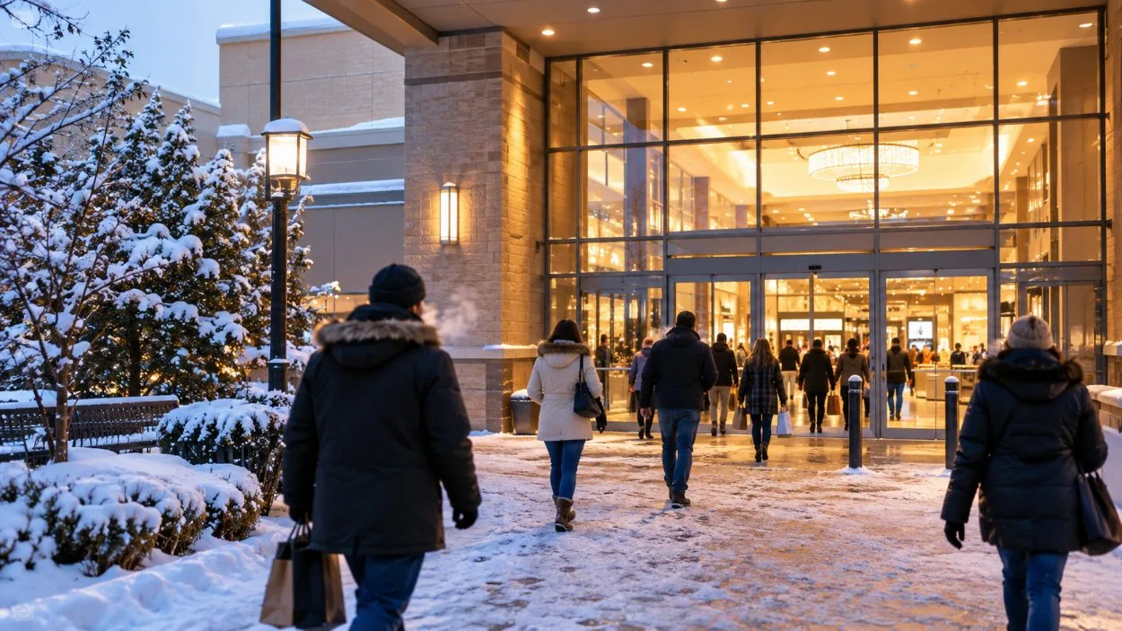 A snowy mall entrance plaza in winter with warm light inside
