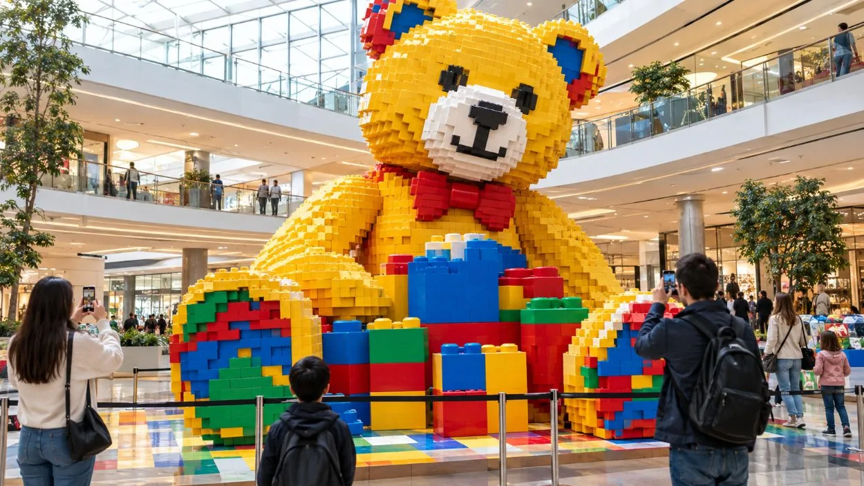 A giant sculpture built from toy bricks in a mall atrium