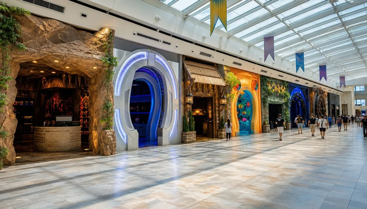 A row of attraction entrances along a bright mall concourse