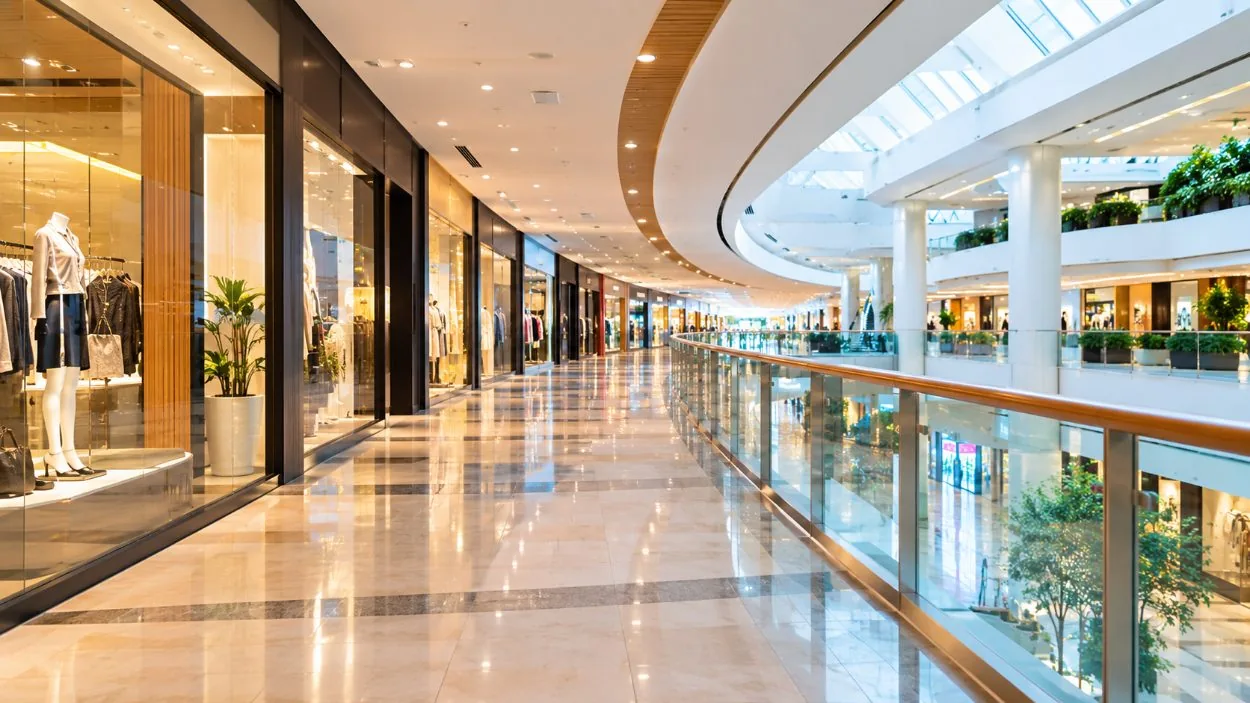 A long, gently curving mall corridor on an upper level
