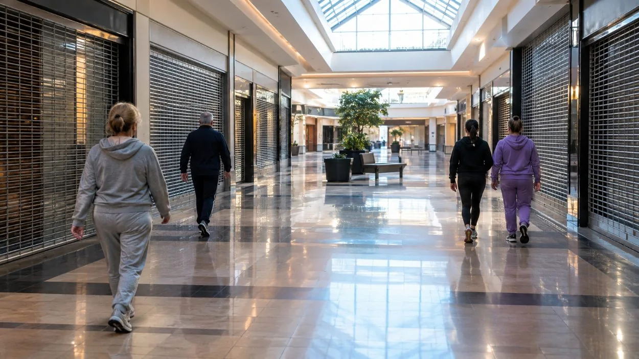 Early-morning walkers on an empty mall level with the shop gates closed