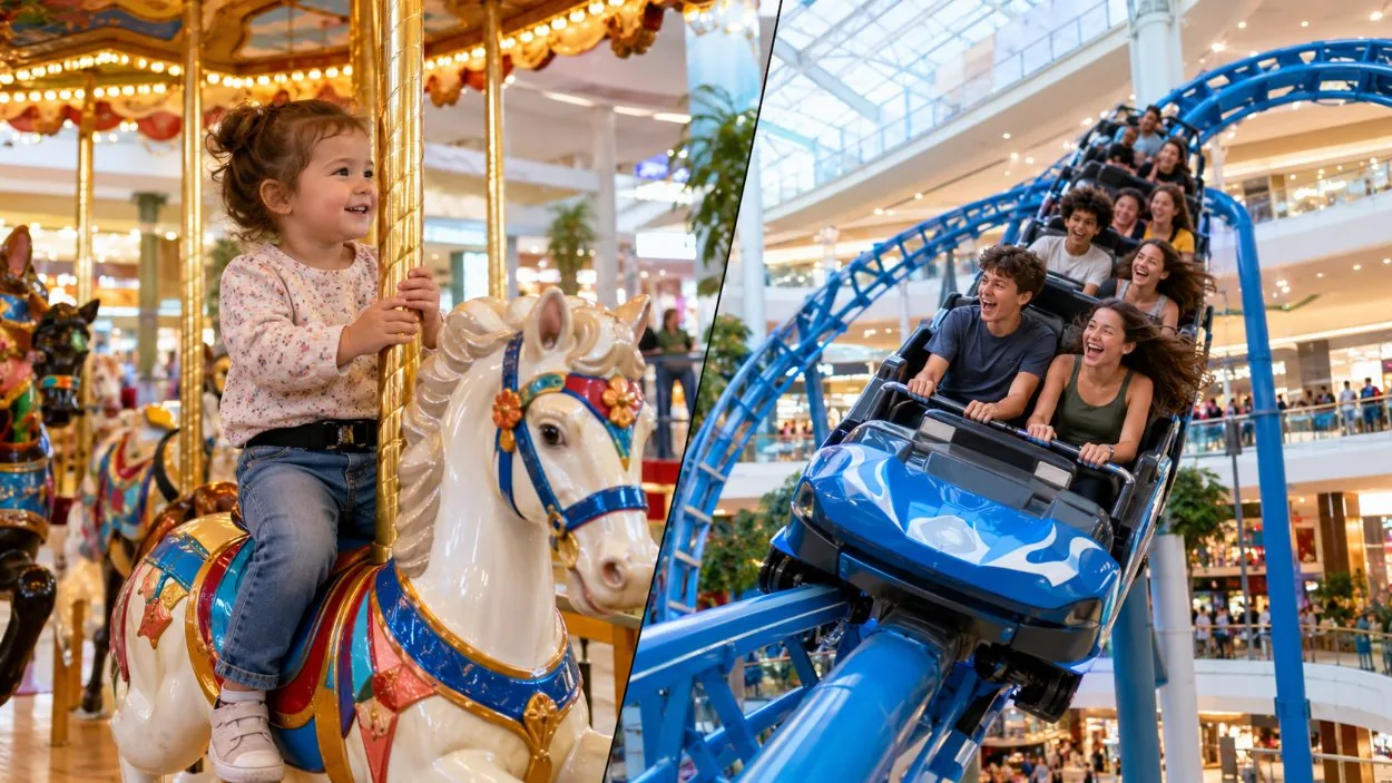 A toddler on a carousel and teenagers on a looping coaster inside a mall theme park