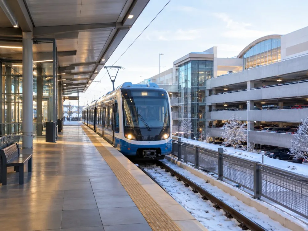 A light-rail train at the Mall of America transit station