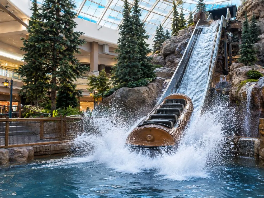 The splash of the Log Chute log flume with the park’s trees behind