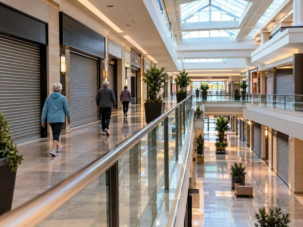 Early walkers on an empty upper level before the shops open