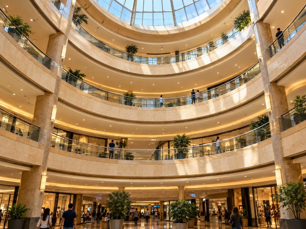 The tiers of shopping levels seen from the rotunda floor